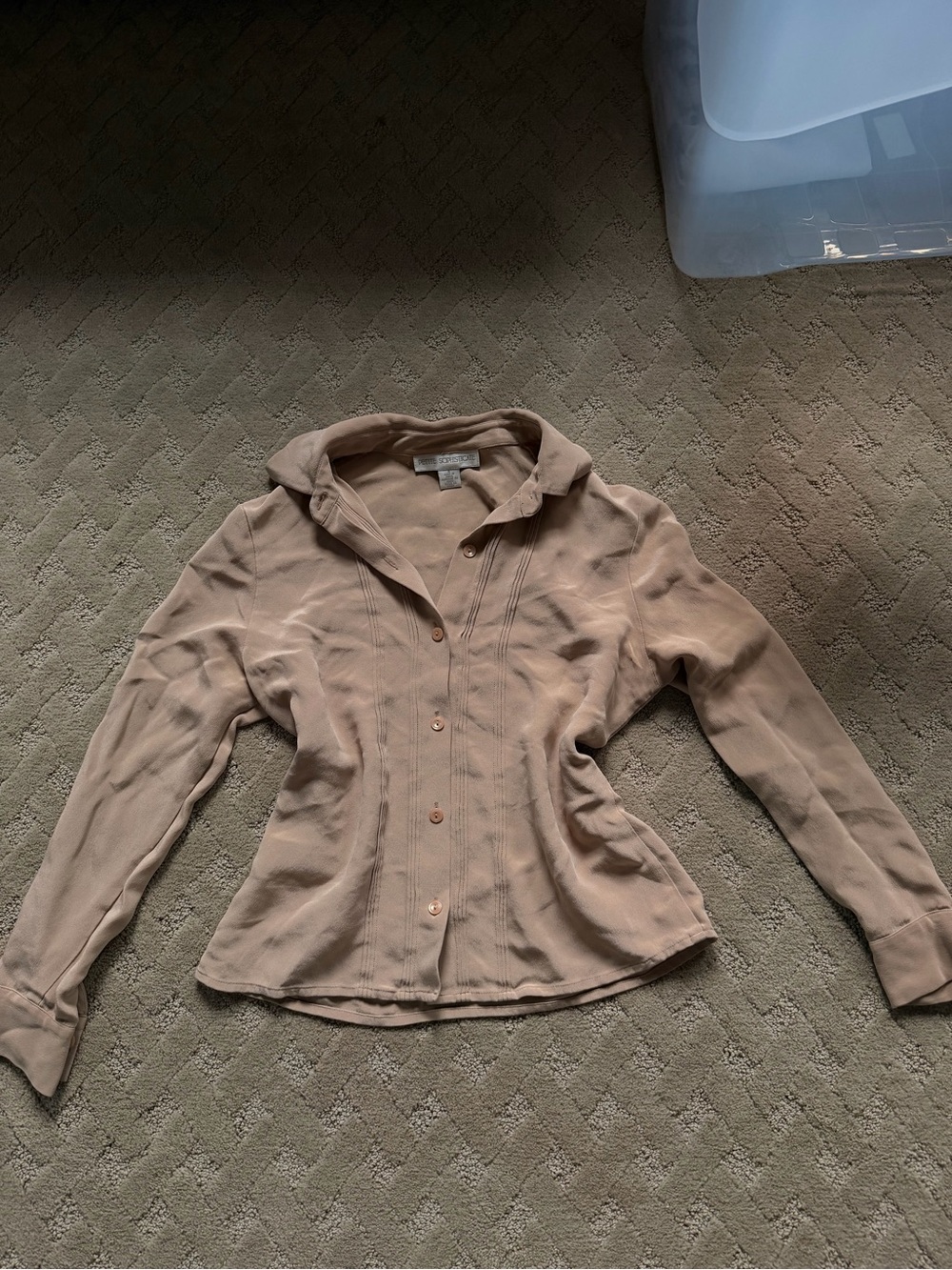 Vintage Y2K 90s Petite 100% Silk Beige Button-Up Blouse Pintuck Pleat Office